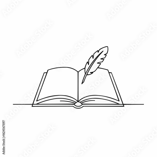 Open book with a quill resting on pages in simple line art style  