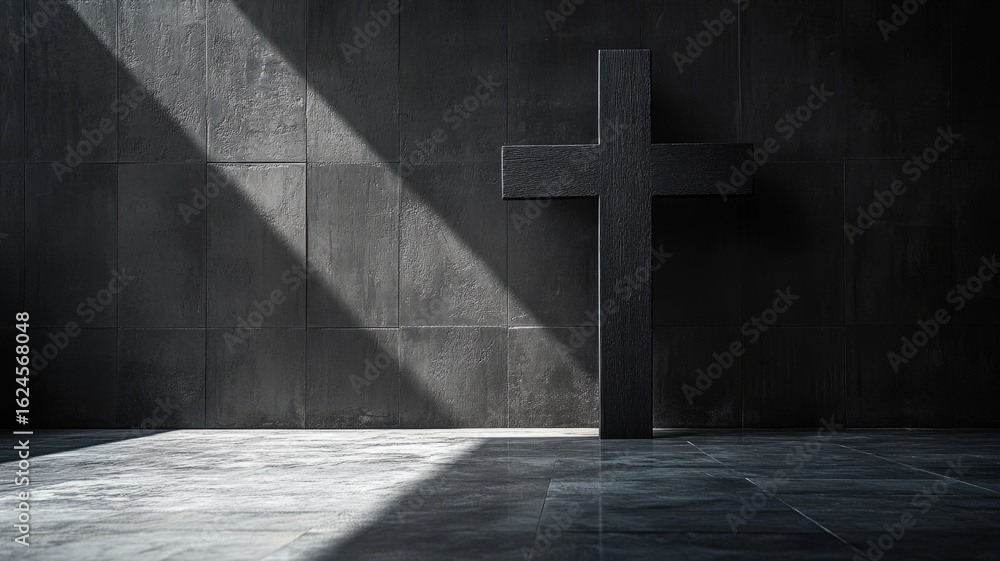 Fototapeta premium Wooden cross in dramatic lighting on a dark textured wall.