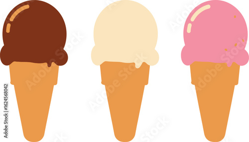 Three delicious ice cream cones with chocolate vanilla and strawberry flavors isolated on transparent background