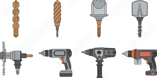 Various drill bits and power drills illustration
