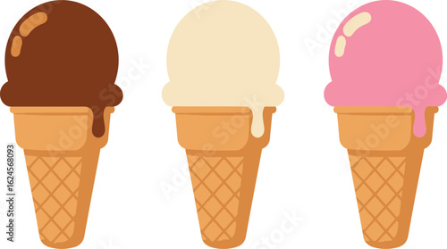 Three delicious ice cream cones with chocolate vanilla and strawberry flavors isolated on transparent background