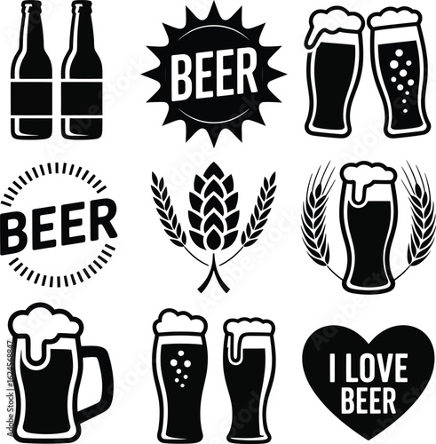 Beer icon and label set. Black vector graphic collection for pub, bar, and brewery logo or menu design.

