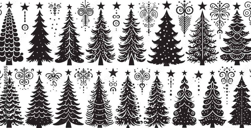 Fototapeta premium Black and white seamless Christmas tree vector pattern illustration