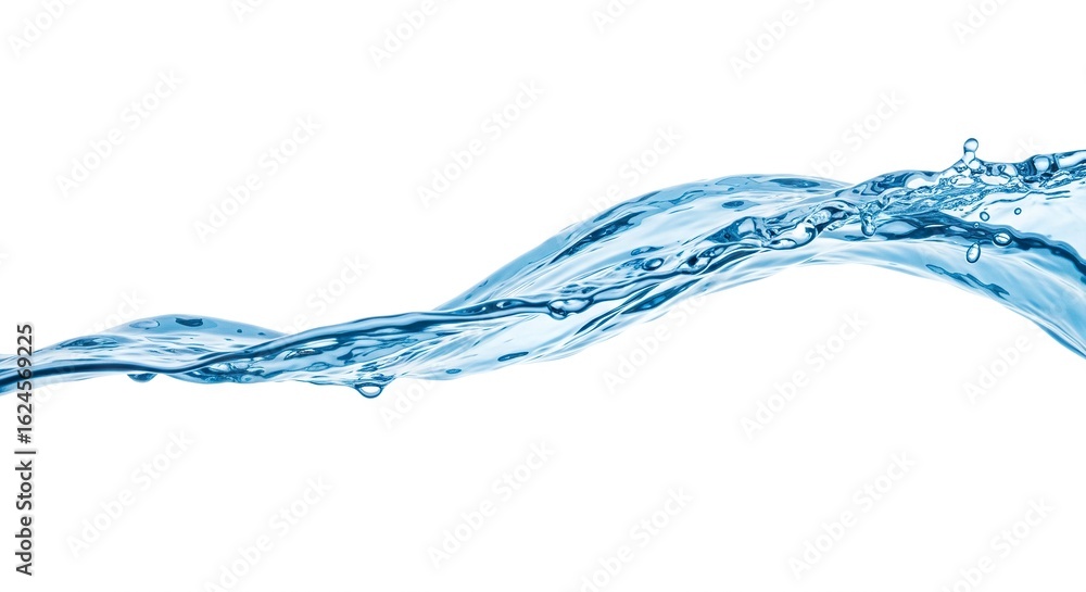 Fototapeta premium A sinuous wave of clear blue water stretches horizontally across a bright white background showcasing droplets and fluid textures