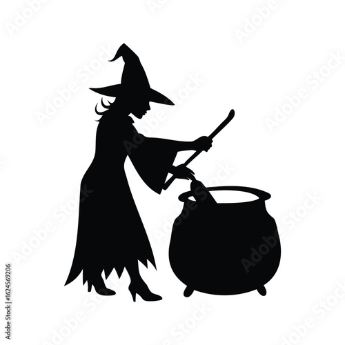 Silhouette of a Witch Stirring a Cauldron on White Background