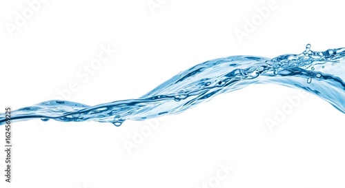 A sinuous wave of clear blue water stretches horizontally across a bright white background showcasing droplets and fluid textures