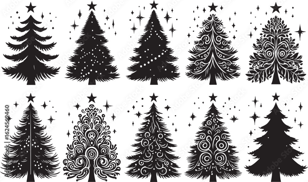 Obraz premium Black and white seamless Christmas tree vector pattern illustration