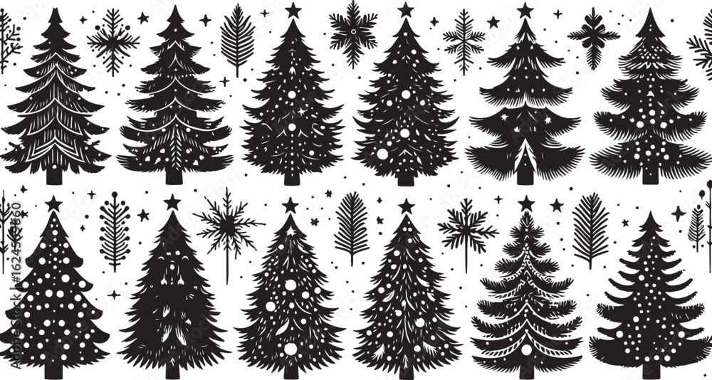 Obraz premium Black and white seamless Christmas tree vector pattern illustration