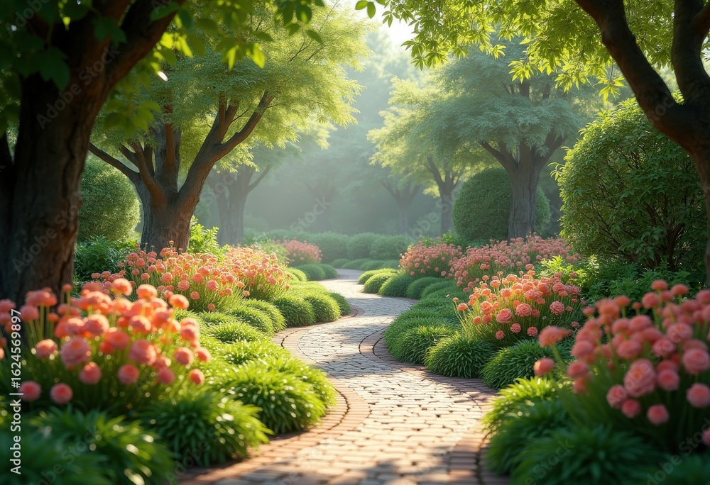 Obraz premium vibrant garden pathways framed lush greenery colorful flora serenity nature retreat, landscape, foliage, outdoors, tropical, blooming, botanical, scenery