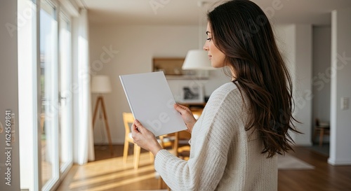 A woman reads a booklet in a welllit modern interior space with large windows