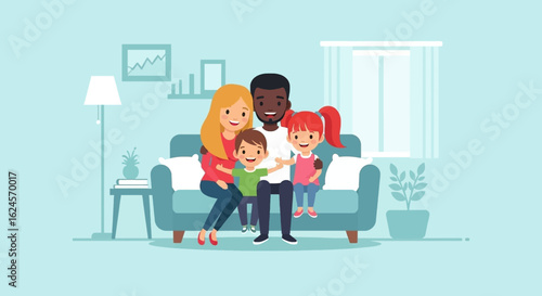 Happy diverse family sitting on a couch at home, perfect for family-themed websites, brochures, or social media.