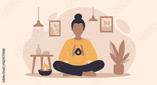 Woman meditating in a cozy room, perfect for wellness websites or mindfulness apps.