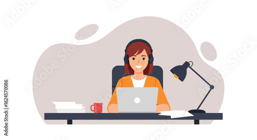 Happy woman working from home on laptop, perfect for blog posts about remote work or productivity.