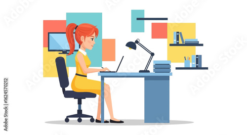 Young woman working on laptop at her desk, perfect for website banners or business presentations.
