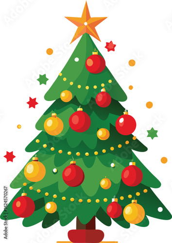 Decorated Green Christmas Tree with Red and Yellow Ornaments and Star Topper vector
