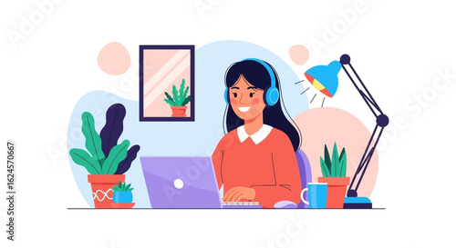 Happy woman working from home on laptop, perfect for blog posts or website banners about remote work.