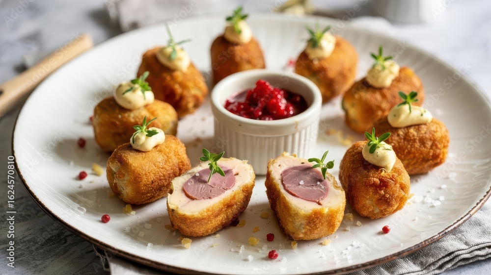Duck foie gras croquettes with golden crispy coating arranged on white ceramic plate with aioli and micro herbs, cranberry reduction sauce in center ramekin Duck foie gras croquettes with golden crispy coating arranged on white ceramic plate with aioli and micro herbs, cranberry reduction sauce in center ramekin