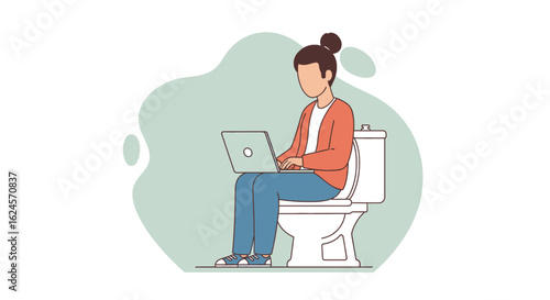 Person working on laptop while sitting on toilet - Illustration for website or blog post about work-life balance.