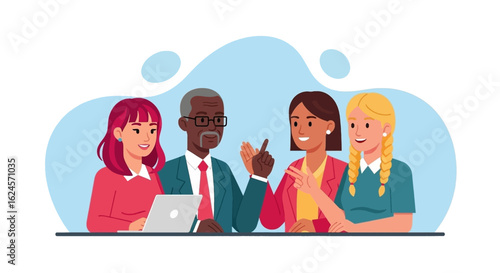 Diverse team brainstorming ideas around a laptop. Perfect for website banners, presentations, and marketing materials.