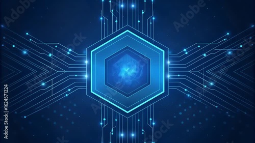 A hexagonal shape in the center, with a digital fingerprint inside it. The hexagon is surrounded by a network of glowing blue lines and dots, resembling a circuit board or a futuristic digital.
