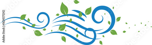 Stylized depiction of wind blowing with leaves and swirling patterns isolated on transparent background