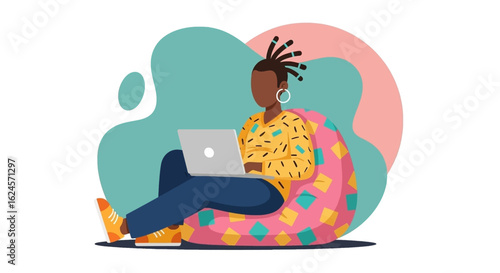 Person working on laptop from beanbag chair, perfect for website banners or social media posts.