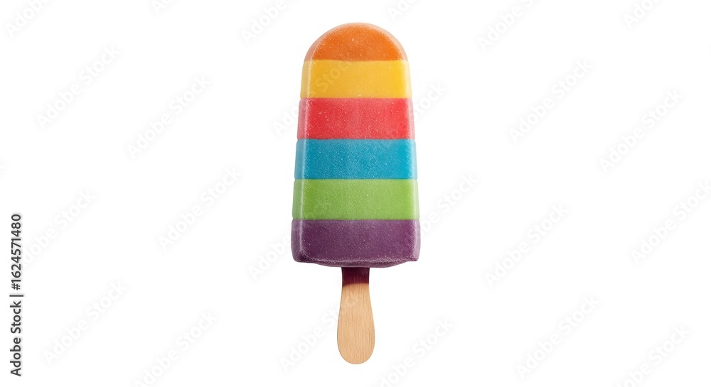 Colorful popsicle stacked with rainbow stripes sits upright with a wooden stick on a white background Colorful popsicle stacked with rainbow stripes sits upright with a wooden stick on a white background