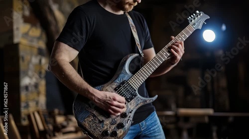 Man playing electric guitar in casual clothing black t shirt focused on musical instrument performance indoor close up playing guitar musician