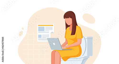 Woman working on laptop while sitting on toilet - illustration for blog post or article about work-life balance.