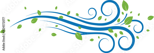 Stylized blue wind swirls with green leaves isolated on transparent background