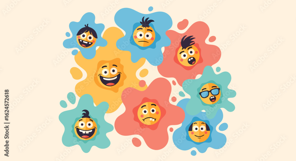 Fototapeta premium A vibrant collection of expressive cartoon faces showing a spectrum of human emotions and feelings on colorful splashes.