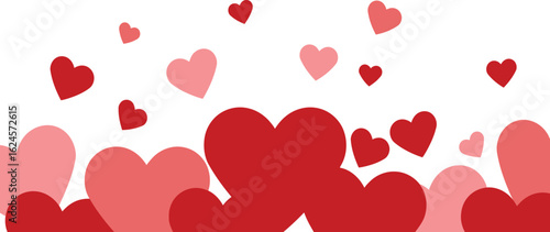A cascade of red and pink hearts of various sizes and textures creating a festive border isolated on transparent background