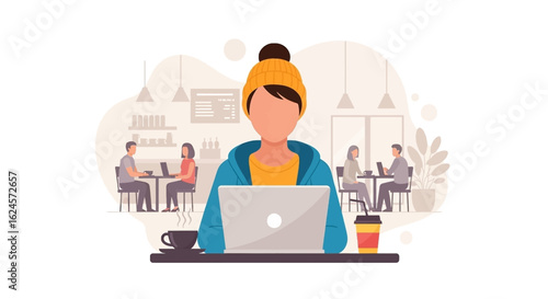 Young woman working on laptop in a cafe, perfect for website banners or blog posts about remote work or coffee shop culture.