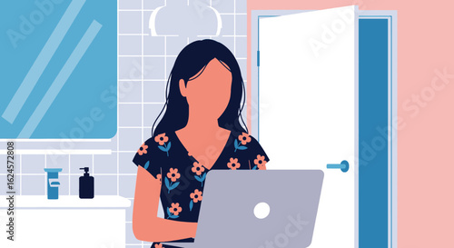 Woman working on laptop in bathroom, perfect for articles about work-life balance or remote work.