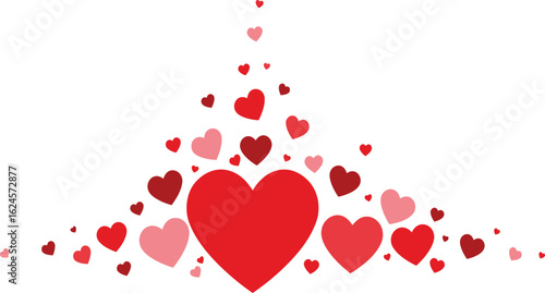 A cascade of red pink and white hearts forming a festive celebratory shape isolated on transparent background