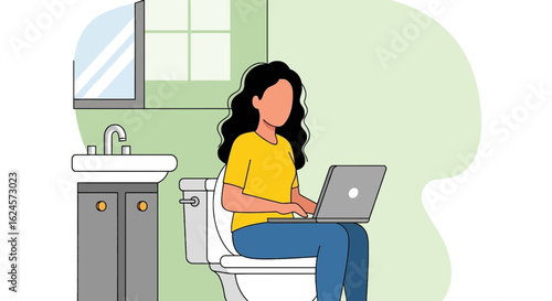 Woman working on laptop in bathroom - Illustration for articles about work-life balance, remote work, or humor.