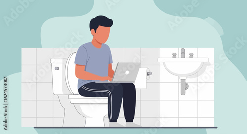 Illustration of a man working on his laptop while sitting on the toilet, perfect for articles about work-life balance or unusual work habits.