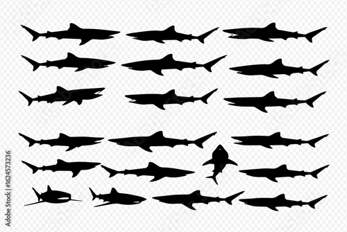 A collection of various black shark silhouettes arranged in a grid, showing different swimming poses and angles.