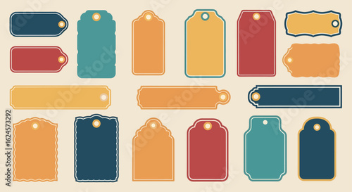 A diverse collection of colorful retro tags and labels. Blank vintage-style shapes for pricing, gifts, and branding concepts.