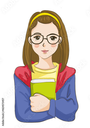 Young Woman Holding Book with Glasses