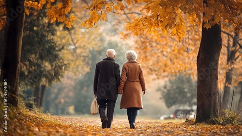 old couple walking in autumn park