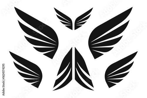 Collection of stylized black wings in various sizes and orientations on white background