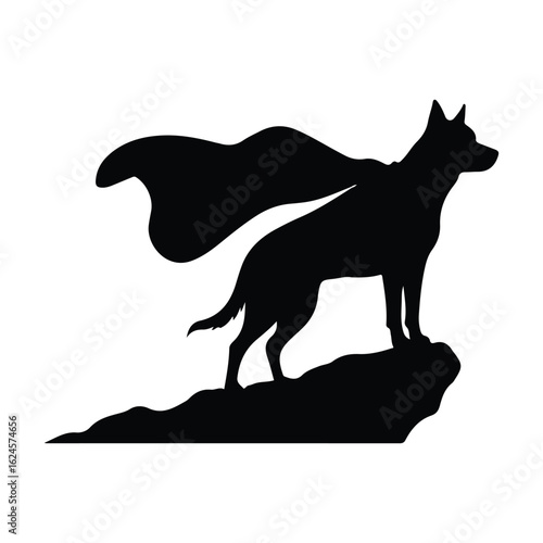 Heroic dog silhouette standing proudly with flowing cape