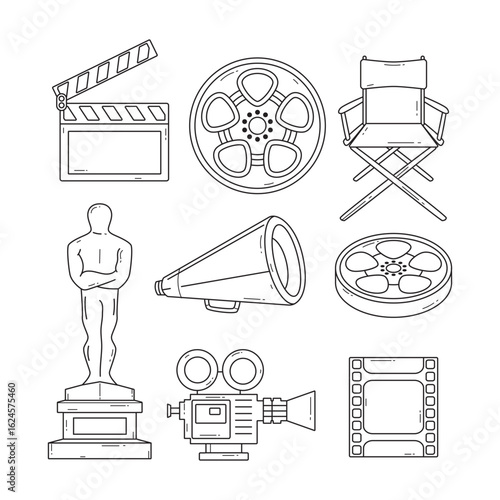 Set of Movie Cinema Objects Outline Set Collection, Cinema Element Line Art with camera, film reel, chair, speaker, award statue, camera ribbon and clapper board, Cinematography entertainment vector.
