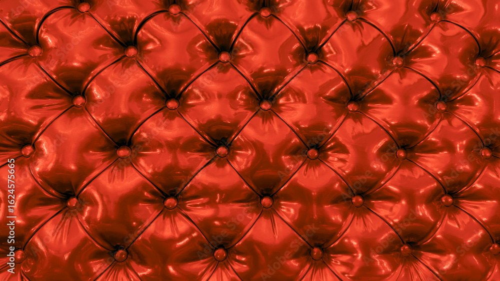 Fototapeta premium Retro furniture upholstery material in red. Red faux leather fabric with a pattern of ruddy squares. Upholstery material of headboard in form of three-dimensional diamonds.
