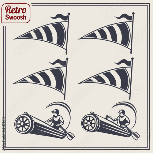 Four dark blue vector graphics of windsock flags and racing boats with rowers on light beige background