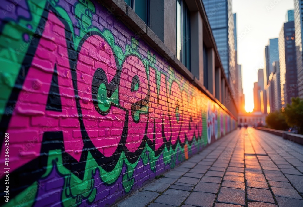 Fototapeta premium vibrant street art graffiti stunning city skyline urban landscape colorful expression, mural, architecture, building, cityscape, public, artistry, vivid