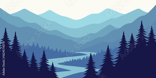 Serene Blue Mountain Landscape with Winding River and Pine Trees nature forest