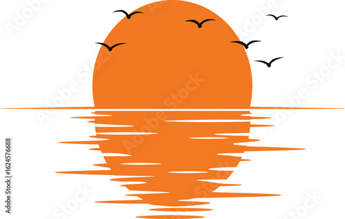 Vibrant orange sun setting over calm water with birds flying at sunset isolated on transparent background