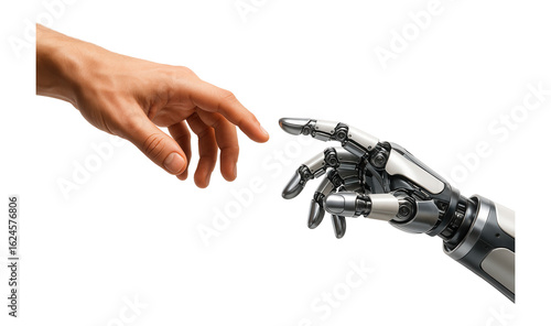 Human hand reaching out to touch a robotic hand, symbolizing the connection between humanity and technology, highlighting themes of innovation and interaction.